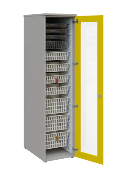 EUROMEDICA S - 46 skříň léková boxová, 1-dveřová/prosklená, pravá, 1950x460x735, korpus šedý, dvířka žlutá odio